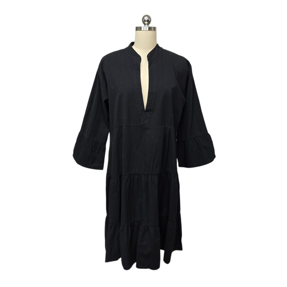 Tree of Life Nepal Black Cotton Tiered Boho V-Neck Bell Sleeve Midi Dress Large